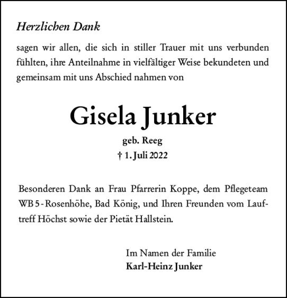  Traueranzeige für Gisela Junker vom 10.09.2022 aus vrm-trauer Odenwälder Echo