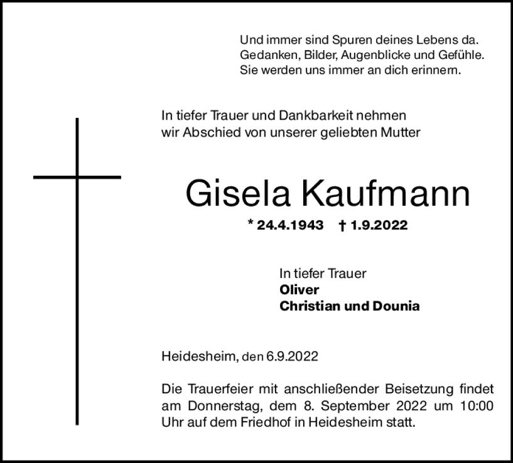  Traueranzeige für Gisela Kaufmann vom 06.09.2022 aus vrm-trauer Allgemeine  Zeitung Ingelheim-Bingen