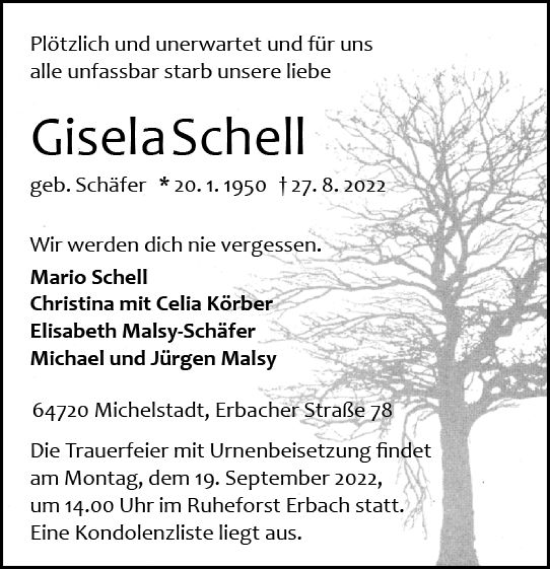 Traueranzeige von Gisela Schell von vrm-trauer Odenwälder Echo