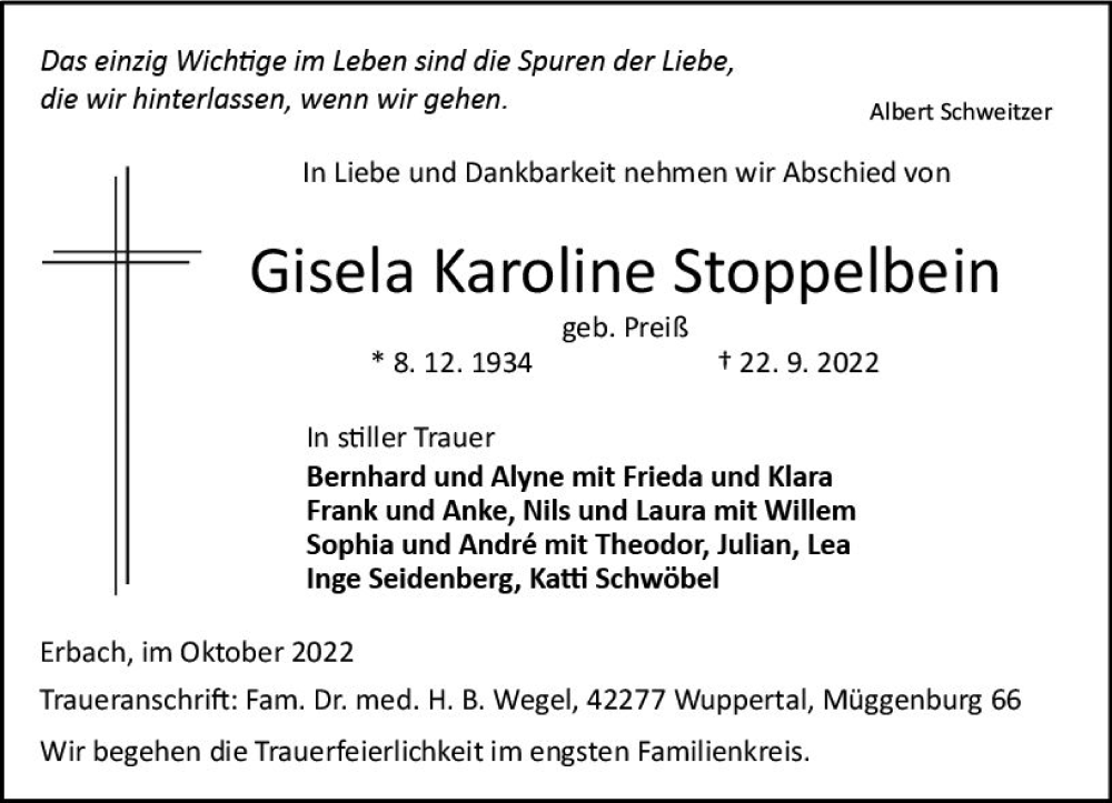  Traueranzeige für Gisela Karoline Stoppelbein vom 01.10.2022 aus vrm-trauer Odenwälder Echo