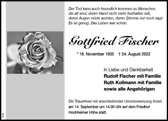 Traueranzeige von Gottfried Fischer von vrm-trauer Wormser Zeitung