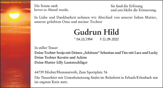 Traueranzeige von Gudrun Hild von vrm-trauer Odenwälder Echo