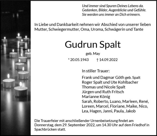 Traueranzeige von Gudrun Spalt von vrm-trauer Darmstädter Echo
