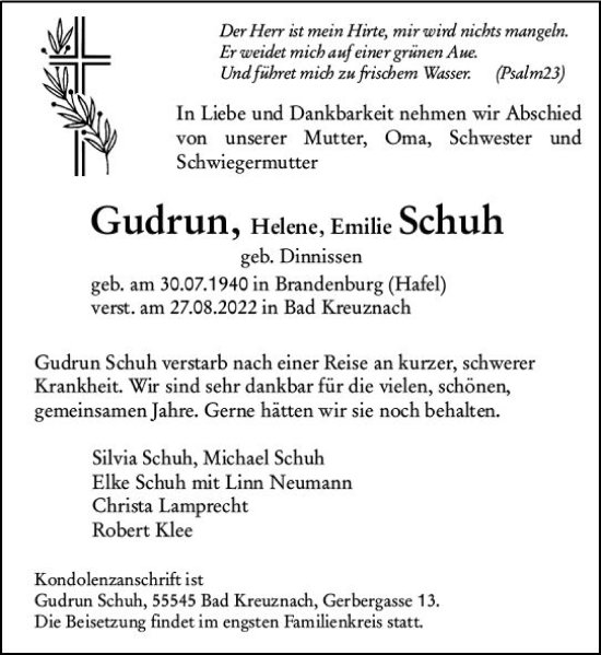 Traueranzeige von Gudrun Helene Emilie Schuh von vrm-trauer Allg. Zeitung Bad Kreuznach