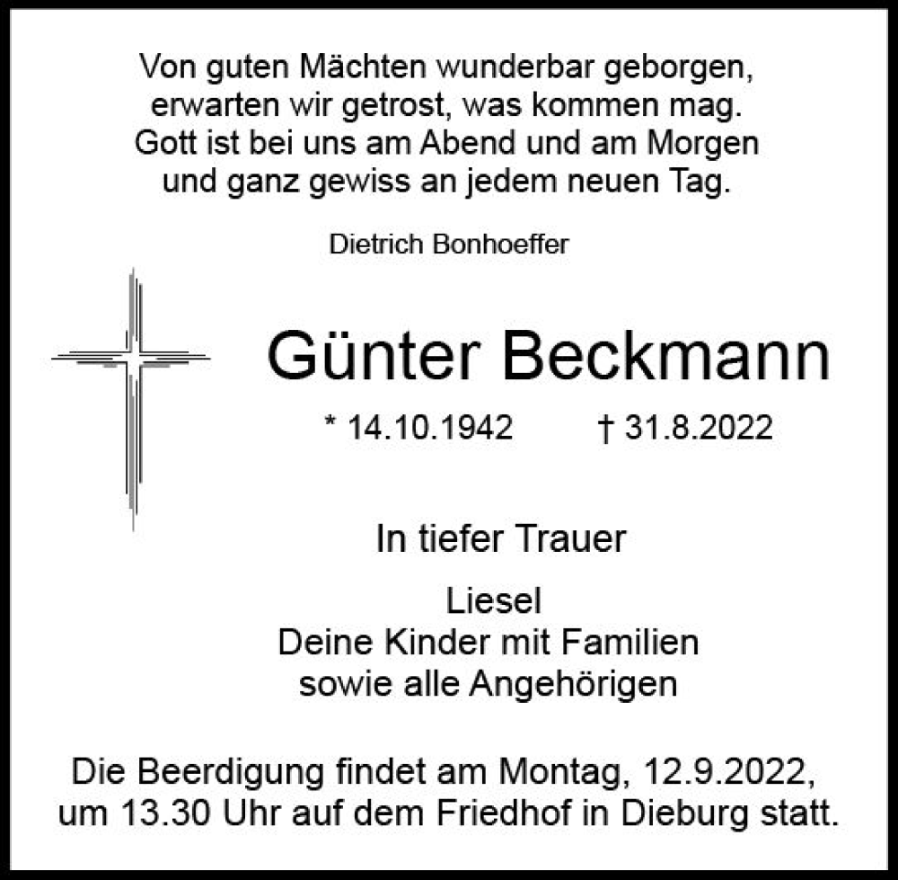  Traueranzeige für Günter Beckmann vom 10.09.2022 aus vrm-trauer DieburgerAnzeiger/Groß-Zimmerner Lokala