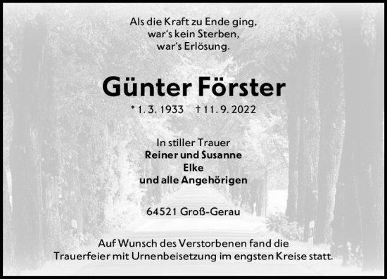 Traueranzeige von Günter Förster von vrm-trauer Groß-Gerauer Echo
