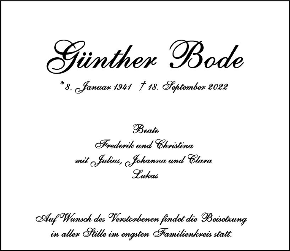  Traueranzeige für Günther Bode vom 24.09.2022 aus vrm-trauer Wiesbadener Kurier