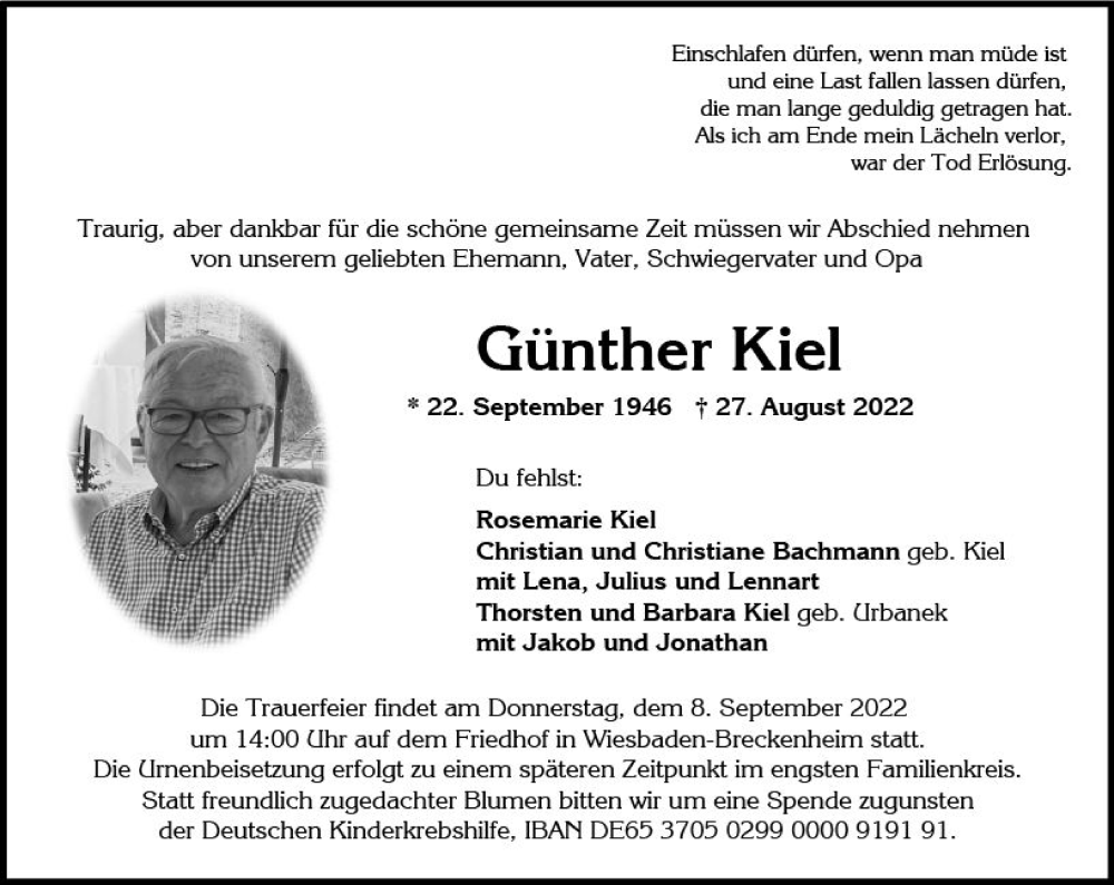  Traueranzeige für Günther Kiel vom 03.09.2022 aus vrm-trauer Wiesbadener Kurier
