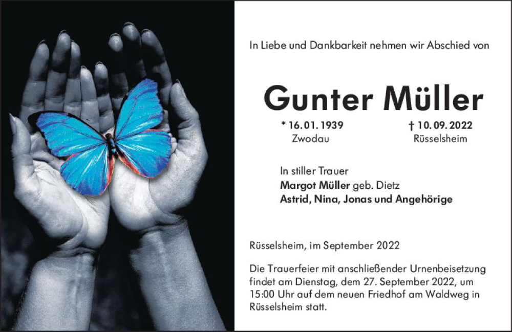  Traueranzeige für Gunter Müller vom 17.09.2022 aus vrm-trauer Rüsselsheimer Echo / MainSpitze