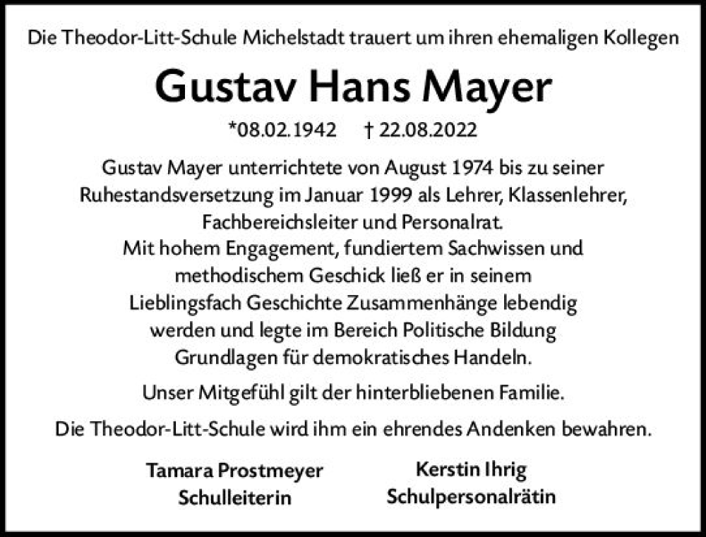  Traueranzeige für Gustav Hans Mayer vom 03.09.2022 aus vrm-trauer Odenwälder Echo