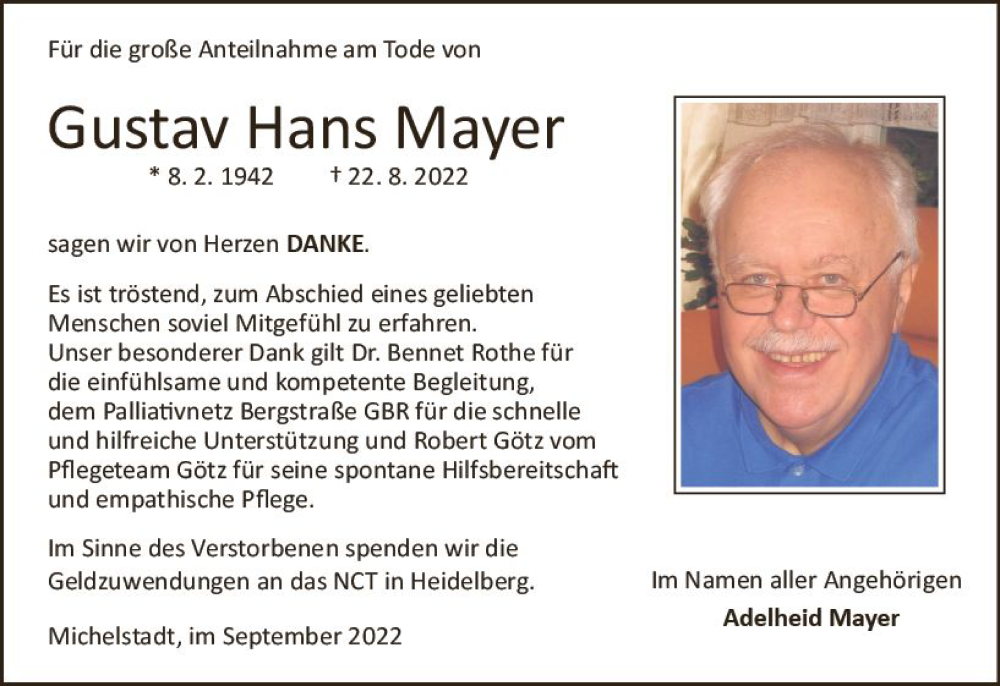  Traueranzeige für Gustav Hans Mayer vom 24.09.2022 aus vrm-trauer Odenwälder Echo