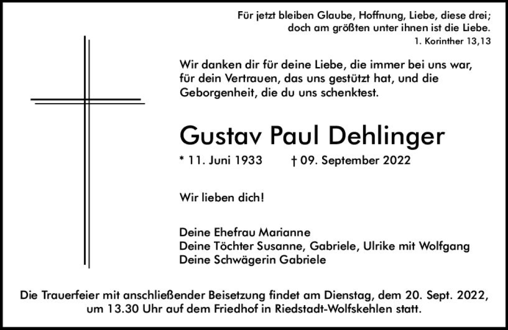  Traueranzeige für Gustav Paul Dehlinger vom 17.09.2022 aus vrm-trauer Darmstädter Echo