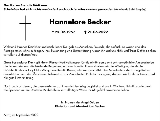 Traueranzeige von Hannelore Becker von vrm-trauer Allgemeine Zeitung Alzey