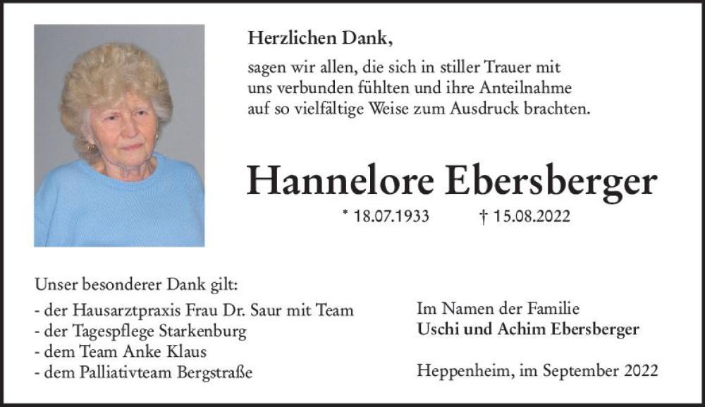  Traueranzeige für Hannelore Ebersberger vom 24.09.2022 aus vrm-trauer Bürstädter/Lamperth. Ztg/Starkenburger