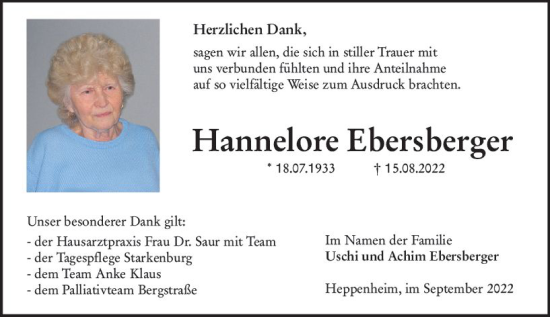Traueranzeige von Hannelore Ebersberger von vrm-trauer Bürstädter/Lamperth. Ztg/Starkenburger