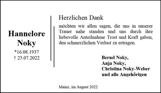 Traueranzeige von Hannelore Noky von vrm-trauer AZ Mainz
