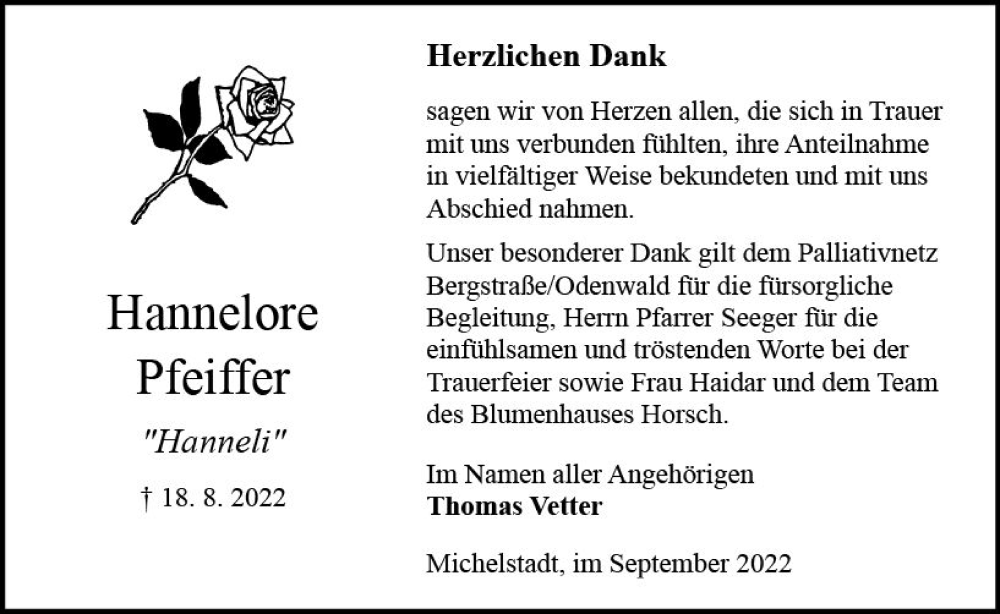  Traueranzeige für Hannelore Pfeiffer vom 17.09.2022 aus vrm-trauer Odenwälder Echo