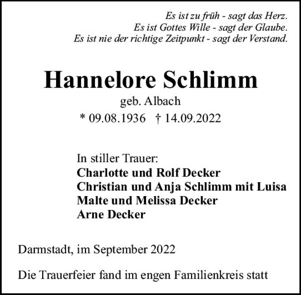  Traueranzeige für Hannelore Schlimm vom 01.10.2022 aus vrm-trauer Darmstädter Echo