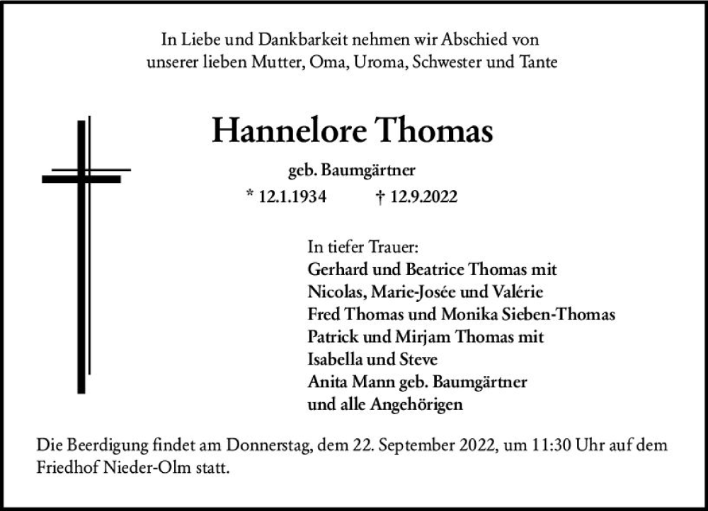  Traueranzeige für Hannelore Thomas vom 17.09.2022 aus vrm-trauer AZ Mainz