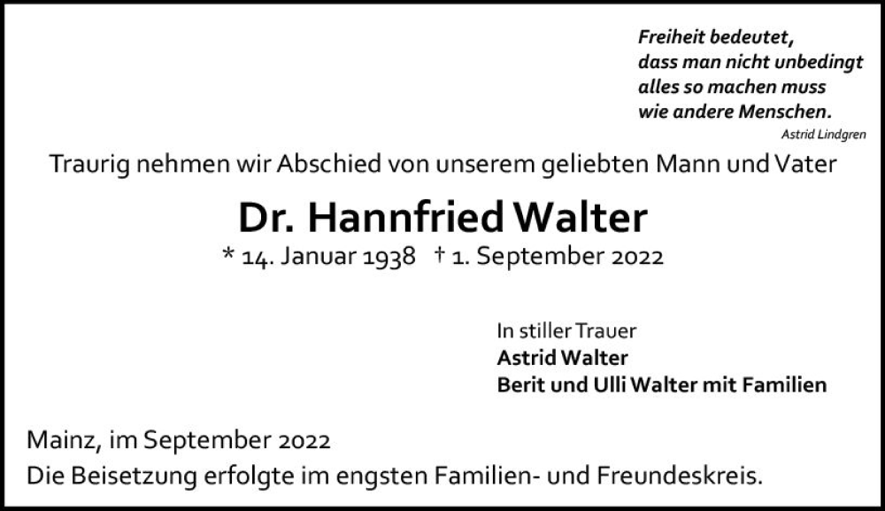  Traueranzeige für Hannfried Walter vom 24.09.2022 aus vrm-trauer AZ Mainz