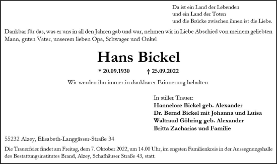 Traueranzeige von Hans Bickel von vrm-trauer Allgemeine Zeitung Alzey