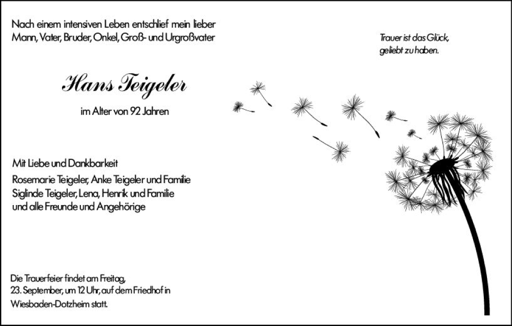  Traueranzeige für Hans Feigeler vom 17.09.2022 aus vrm-trauer Wiesbadener Kurier