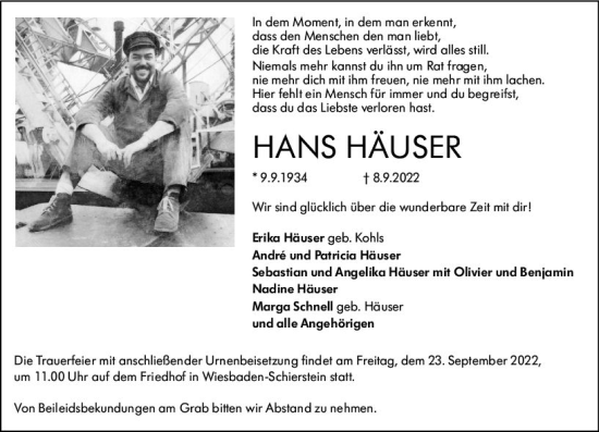 Traueranzeige von Hans Häuser von vrm-trauer Wiesbadener Kurier