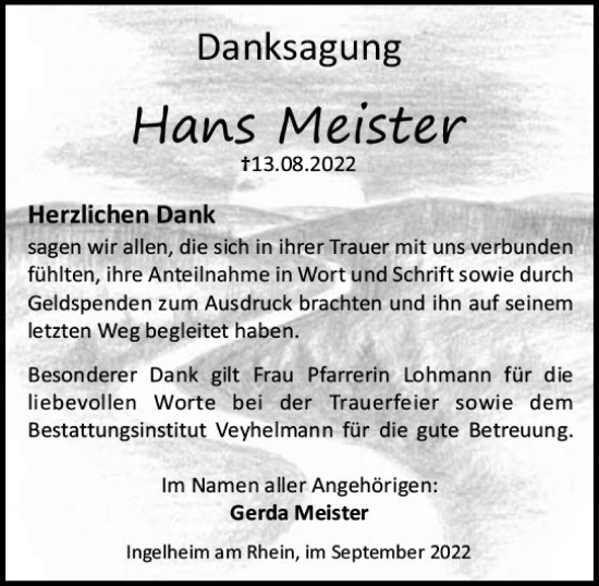 Traueranzeige von Hans Meister von vrm-trauer Allgemeine  Zeitung Ingelheim-Bingen