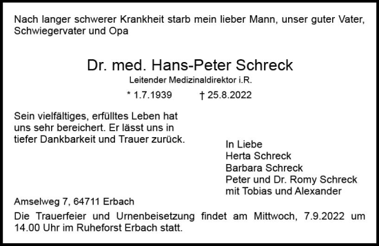 Traueranzeige von Hans-Peter Schreck von vrm-trauer Odenwälder Echo