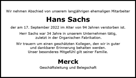 Traueranzeige von Hans Sachs von vrm-trauer Darmstädter Echo