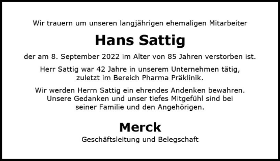 Traueranzeige von Hans Sattig von vrm-trauer Darmstädter Echo