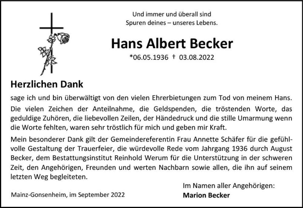  Traueranzeige für Hans Albert Becker vom 10.09.2022 aus vrm-trauer AZ Mainz