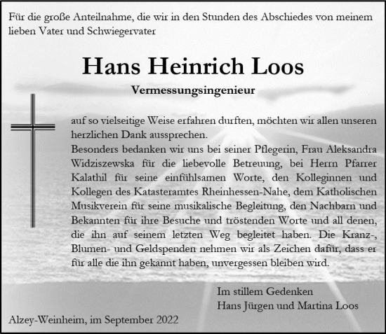 Traueranzeige von Hans Heinrich Loos von vrm-trauer Allgemeine Zeitung Alzey