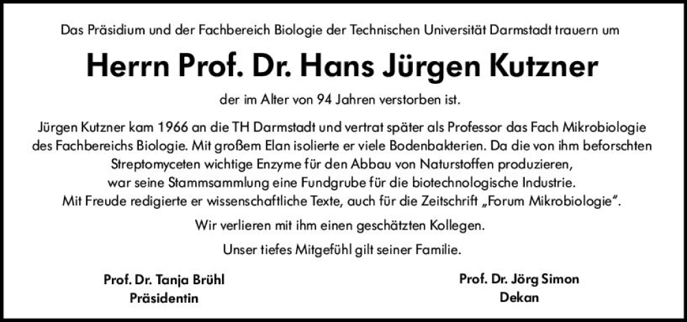 Traueranzeige für Hans Jürgen Kutzner vom 03.09.2022 aus vrm-trauer Darmstädter Echo