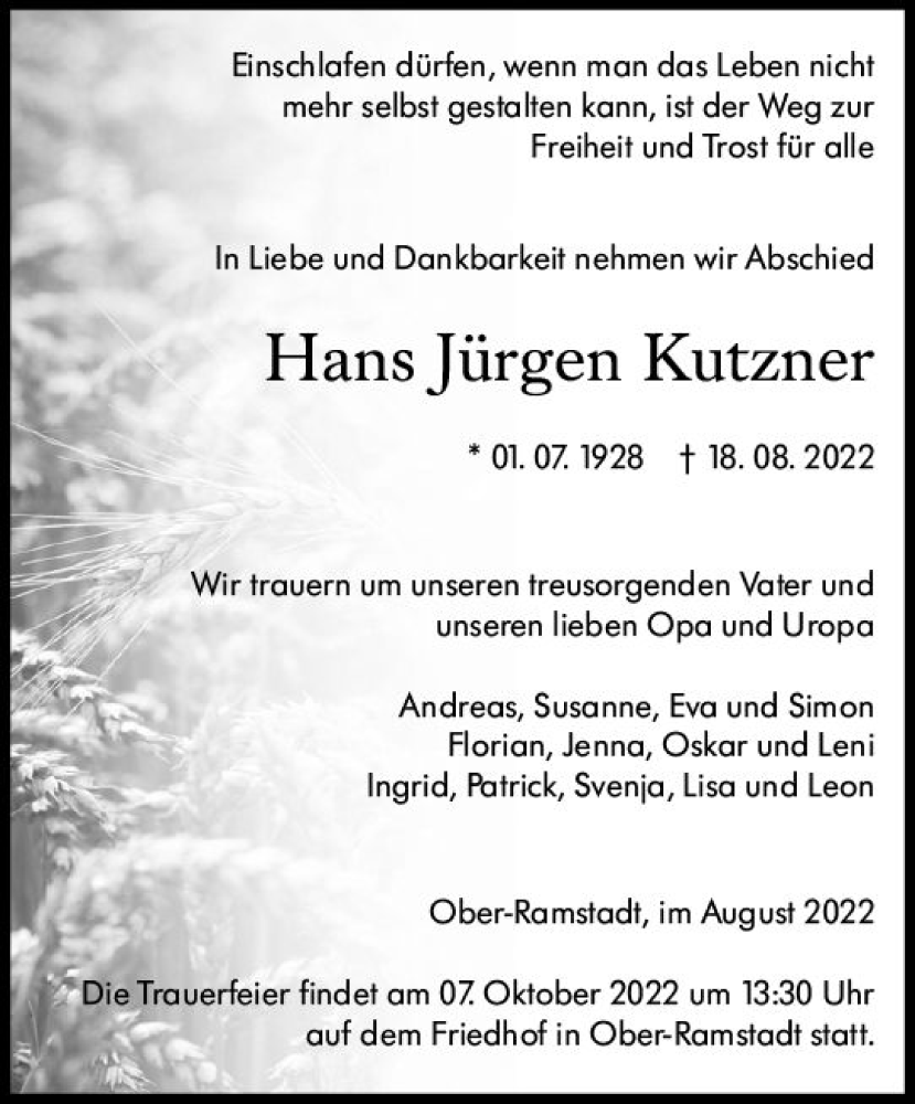  Traueranzeige für Hans Jürgen Kutzner vom 03.09.2022 aus vrm-trauer Darmstädter Echo