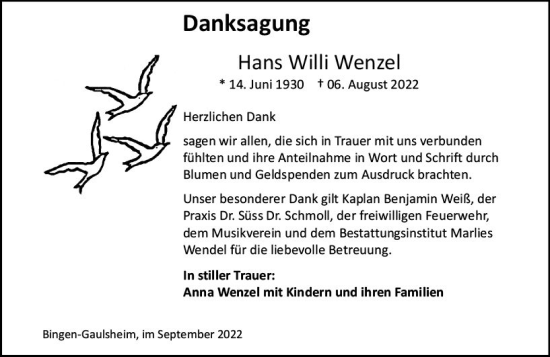 Traueranzeige von Hans Willi Wenzel von vrm-trauer Allgemeine  Zeitung Ingelheim-Bingen