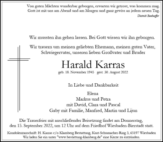 Traueranzeige von Harald Karras von vrm-trauer Wiesbadener Kurier