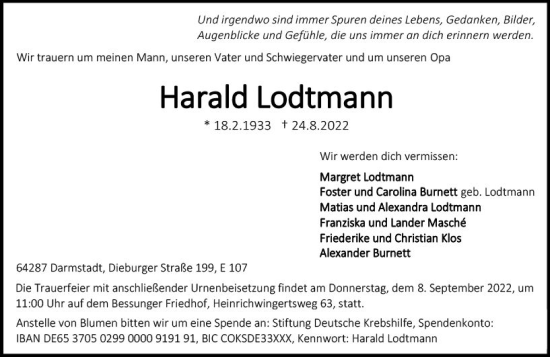 Traueranzeige von Harald Lodtmann von vrm-trauer Darmstädter Echo