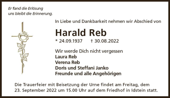 Traueranzeige von Harald Reb von vrm-trauer Idsteiner Zeitung