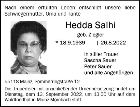 Traueranzeige von Hedda Salhi von vrm-trauer AZ Mainz