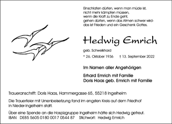 Traueranzeige von Hedwig Emrich von vrm-trauer Allgemeine  Zeitung Ingelheim-Bingen