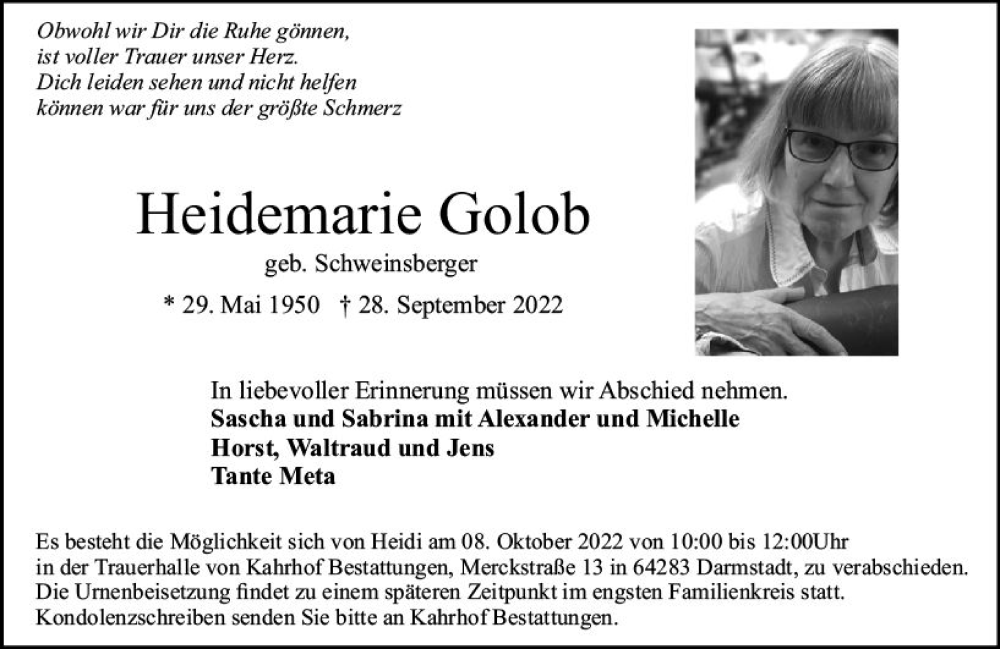  Traueranzeige für Heidemarie Golob vom 01.10.2022 aus vrm-trauer Darmstädter Echo