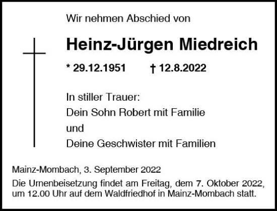 Traueranzeige von Heinz-Jürgen Miedreich von vrm-trauer AZ Mainz