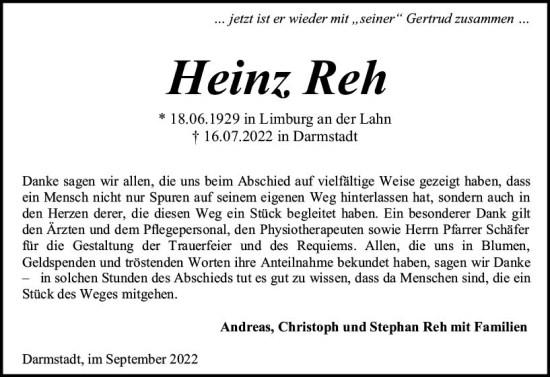 Traueranzeige von Heinz Reh von vrm-trauer Darmstädter Echo