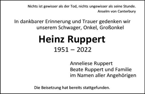 Traueranzeige von Heinz Ruppert von vrm-trauer Darmstädter Echo