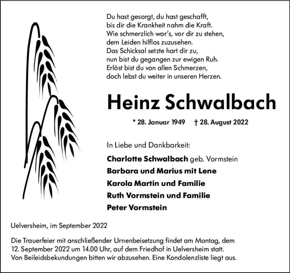  Traueranzeige für Heinz Schwalbach vom 10.09.2022 aus vrm-trauer AZ Mainz