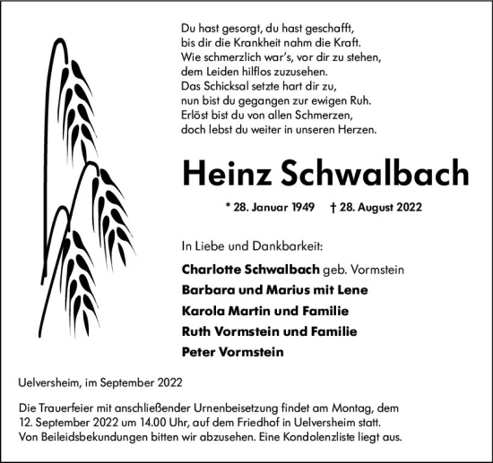 Traueranzeige von Heinz Schwalbach von vrm-trauer AZ Mainz