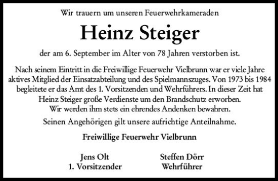 Traueranzeige von Heinz Steiger von vrm-trauer Odenwälder Echo