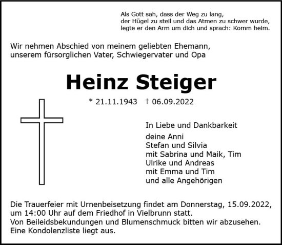 Traueranzeige von Heinz Steiger von vrm-trauer Odenwälder Echo
