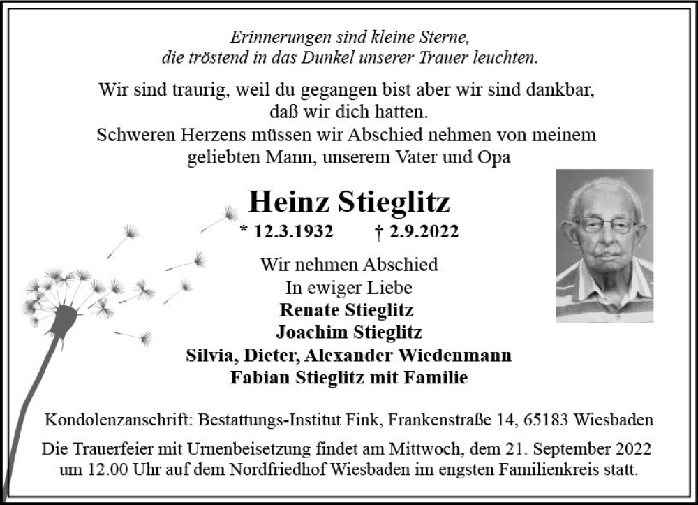  Traueranzeige für Heinz Stieglitz vom 10.09.2022 aus vrm-trauer Wiesbadener Kurier